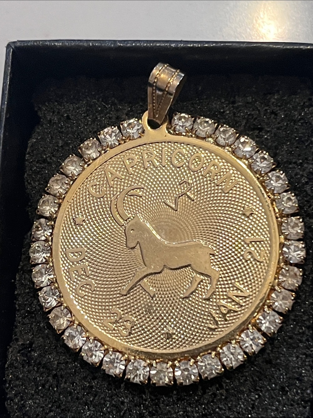 Vintage Gold Plated Capricorn Zodiac Pendant Necklace with Crystal Halo
